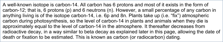 A well-known isotope is carbon-14. All carbon has 6 protons and most of it exists in the form of carbon-12; that is, 6 protons (p) and 6 neutrons (n). However, a small percentage of any carbon in anything living is of the isotope carbon-14, i.e. 6p and 8n. Plants take up (i.e. “fix”) atmospheric carbon during photosynthesis, so the level of carbon-14 in plants and animals when they die is approximately equal to the level of carbon-14 in the atmosphere. It thereafter decreases from radioactive decay, in a way similar to beta decay as explained later in this page, allowing the date of death or fixation to be estimated. This is known as carbon (or radiocarbon) dating.